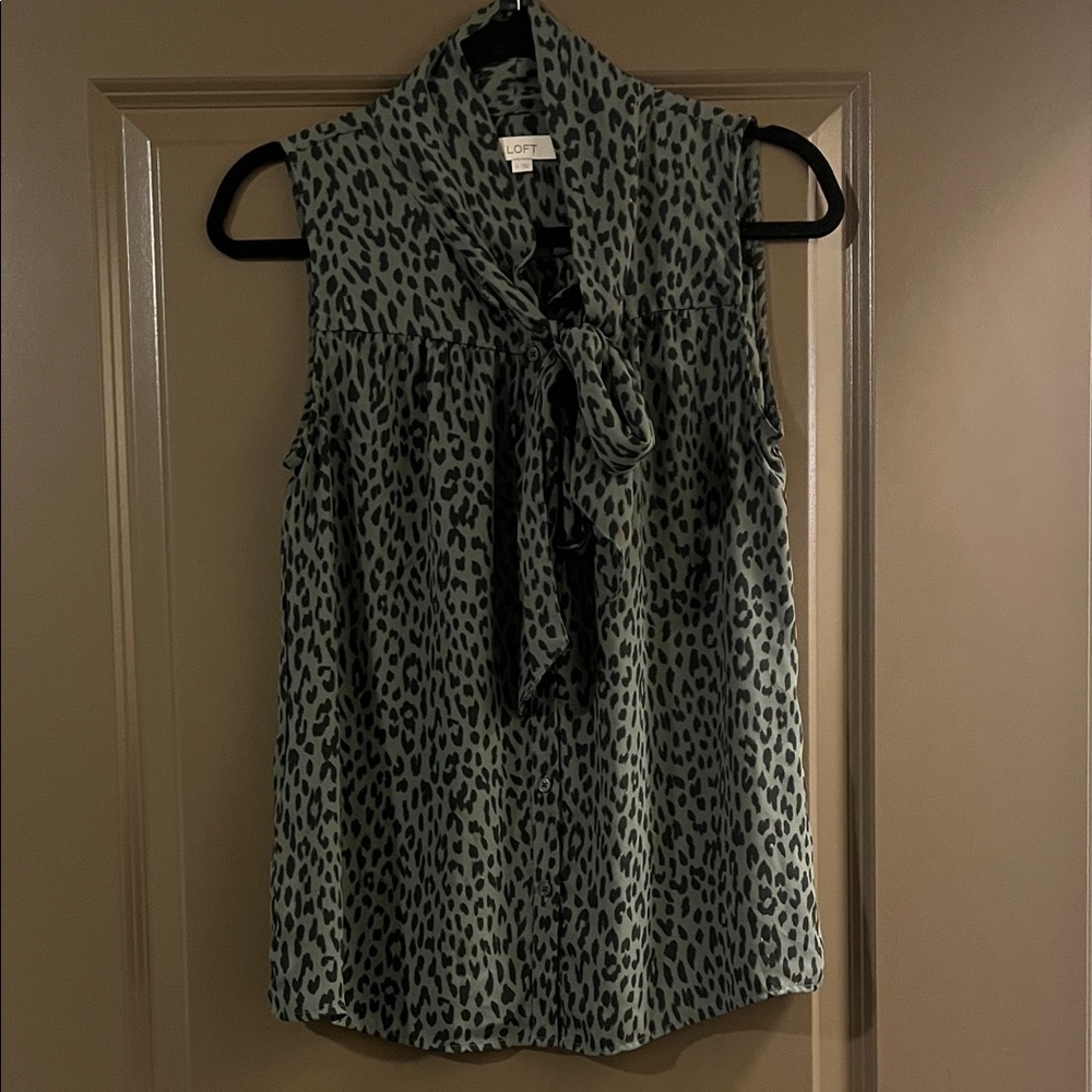 LOFT gray and Black Animal Print tie front blouse